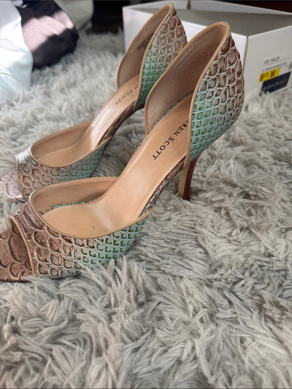 Karen Scott Tan and Green Textured D'Orsay Open-Toe Heels. Size 8.5 M